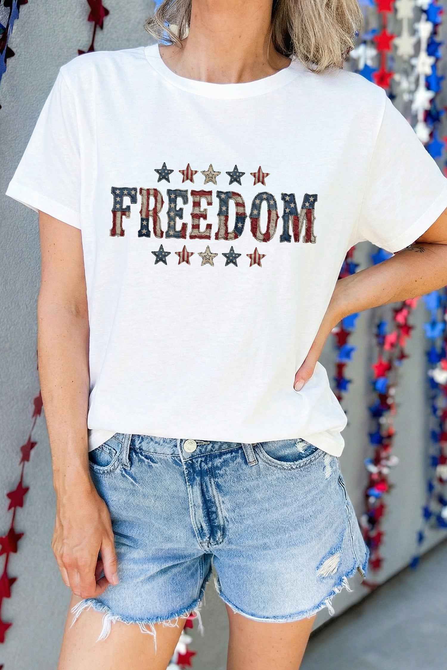 White FREEDOM Patriotic Letter Print Crew Neck T Shirt