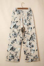 Beige Retro Floral Print Turn-up Cuffed Hem Loose Jeans