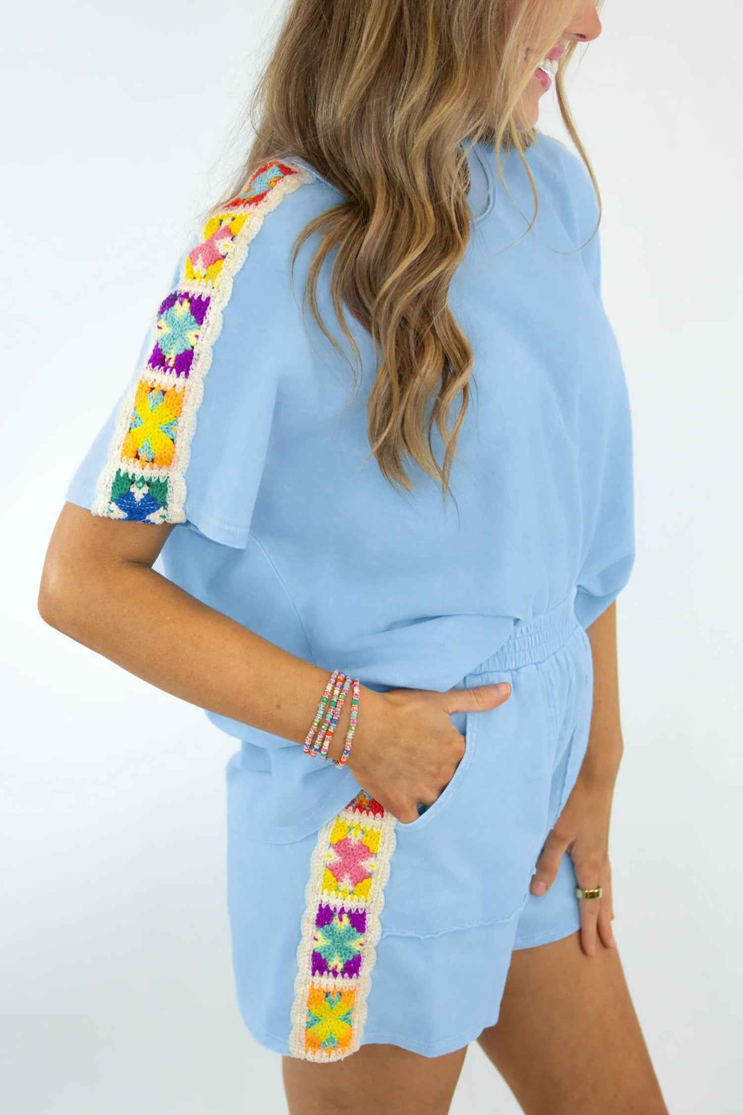 Mist Blue Granny Square Crochet Detail Short 2pcs Set