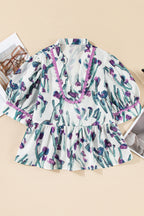 Purple Floral Ricrac Trim Puff Sleeve Peplum Blouse