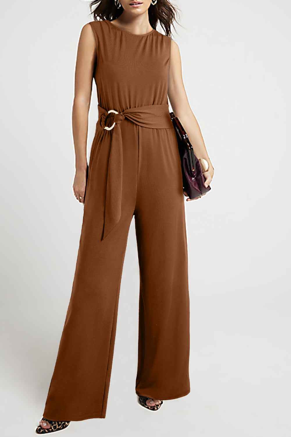 Clay Buckle Sash Detail Sleeveless Loose Jumpsuit