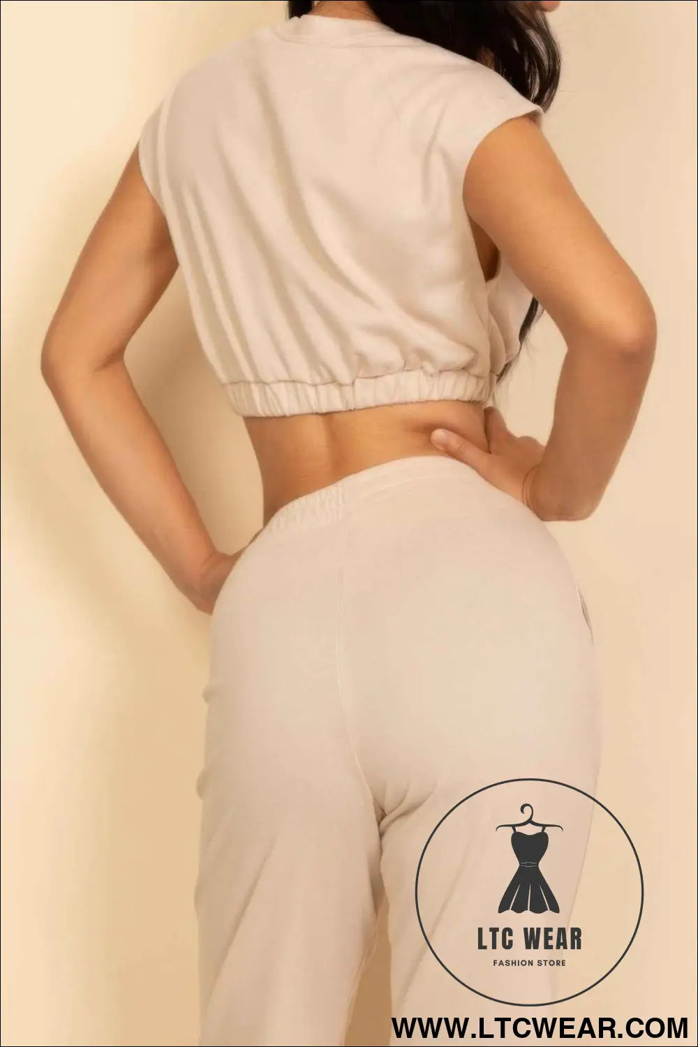 Elastic Hem Crop Top & Wide Leg Pants Set With Faux Drawstring