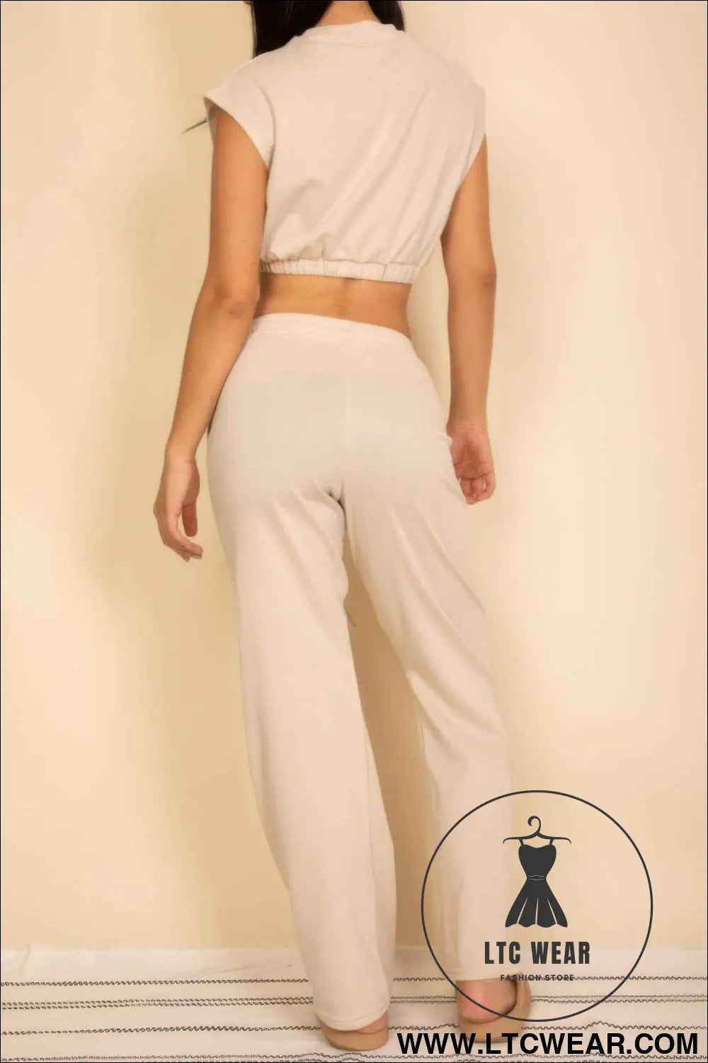 Elastic Hem Crop Top & Wide Leg Pants Set With Faux Drawstring