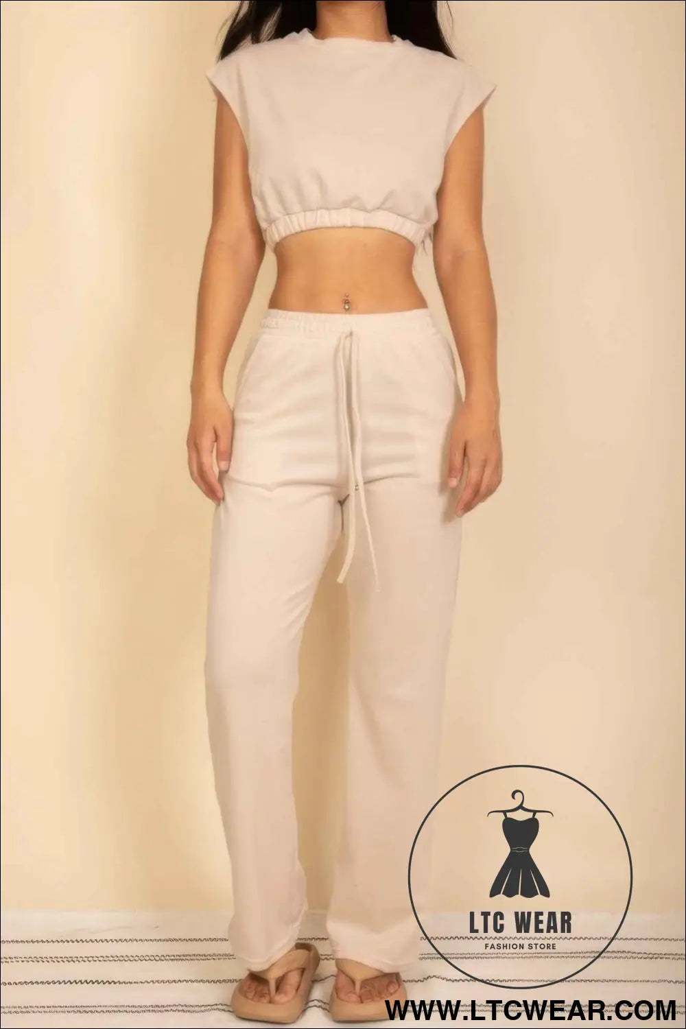 Elastic Hem Crop Top & Wide Leg Pants Set With Faux Drawstring