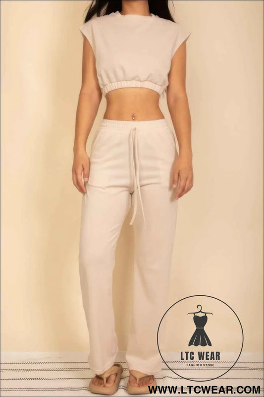 Elastic Hem Crop Top & Wide Leg Pants Set With Faux Drawstring