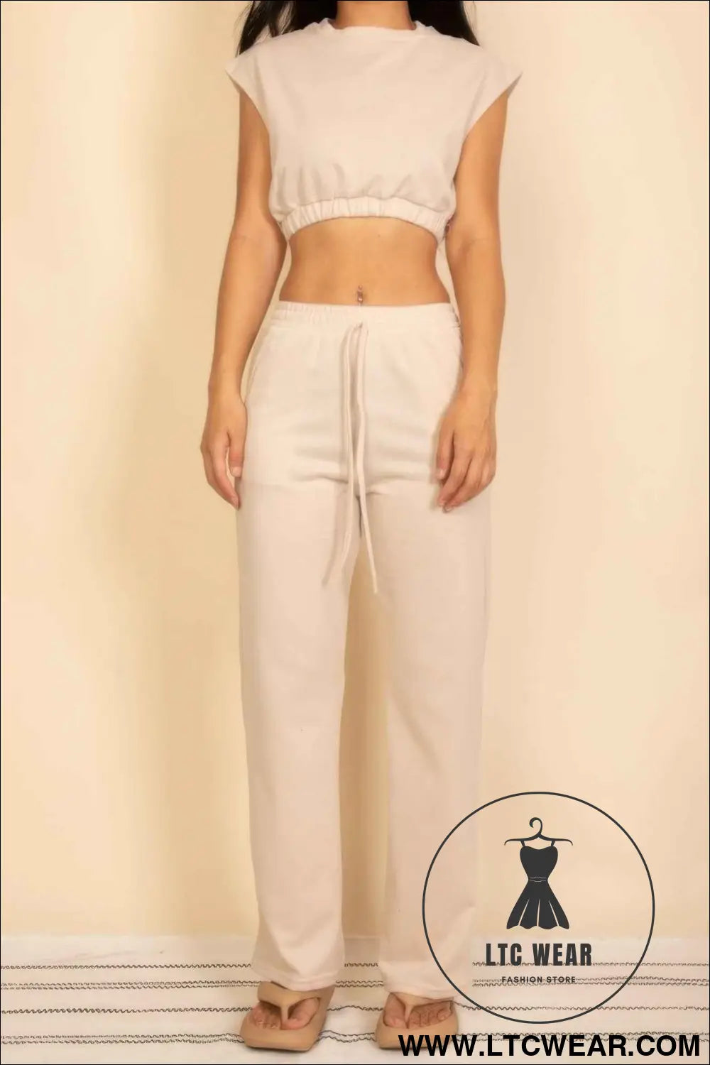 Elastic Hem Crop Top & Wide Leg Pants Set With Faux Drawstring