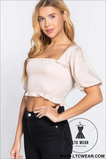 Elbow Sleeve Straight Neck Smocking W/ruffle Detail Woven Top