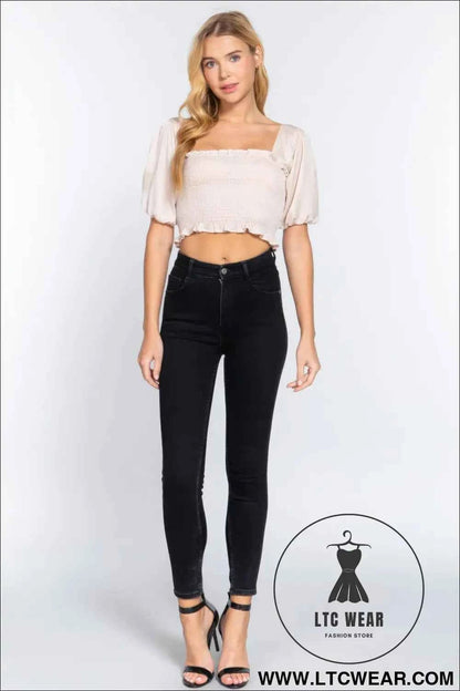 Elbow Sleeve Straight Neck Smocking W/ruffle Detail Woven Top