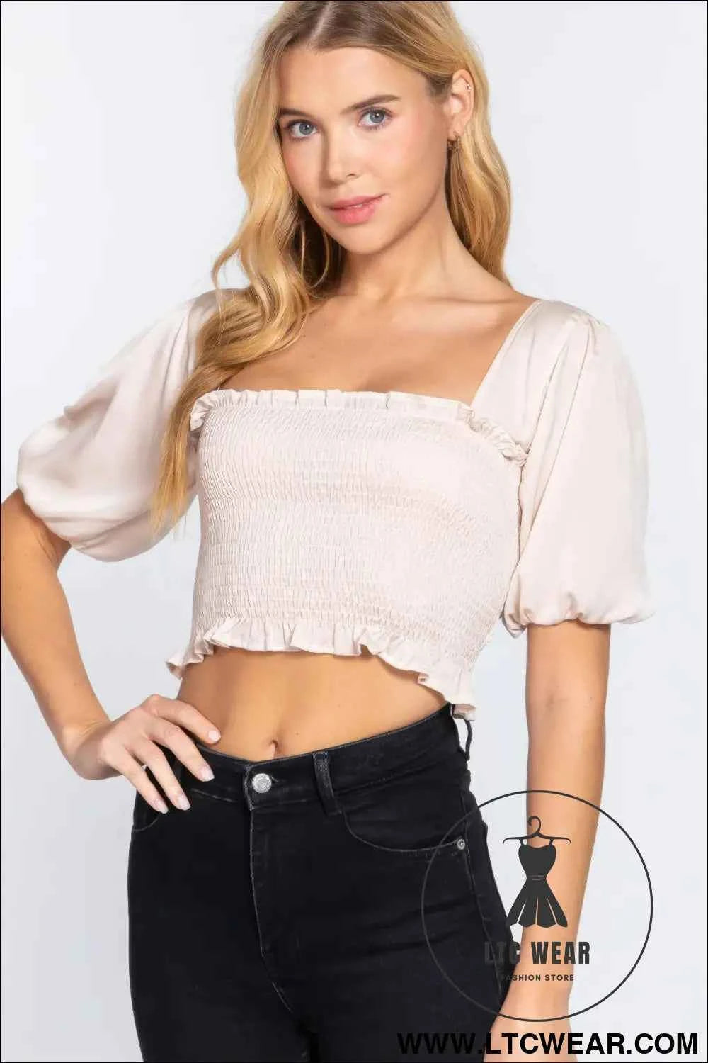 Elbow Sleeve Straight Neck Smocking W/ruffle Detail Woven Top