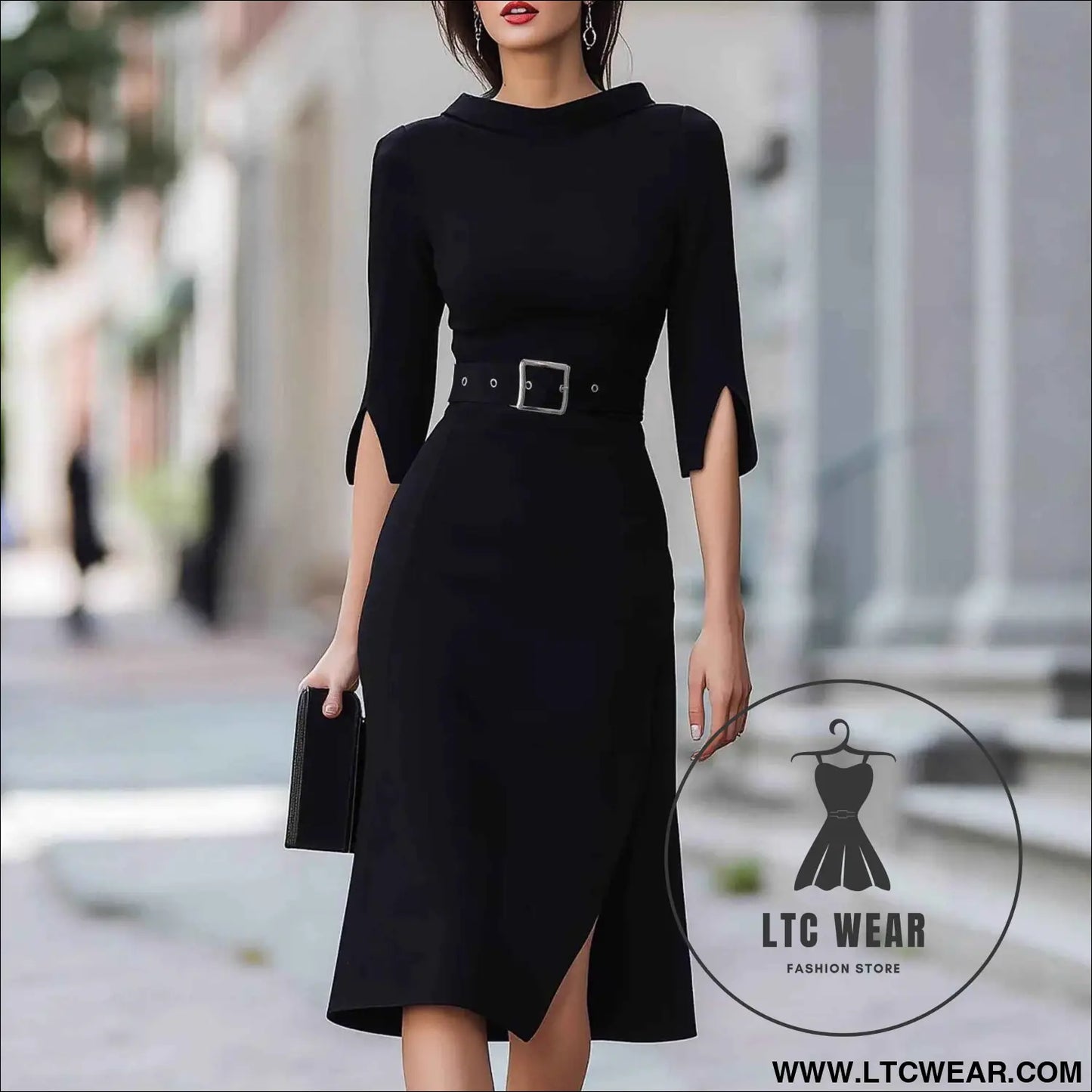 Elegant 3/4 Sleeve Split Midi Dress with Belt - Shein Style Fashion