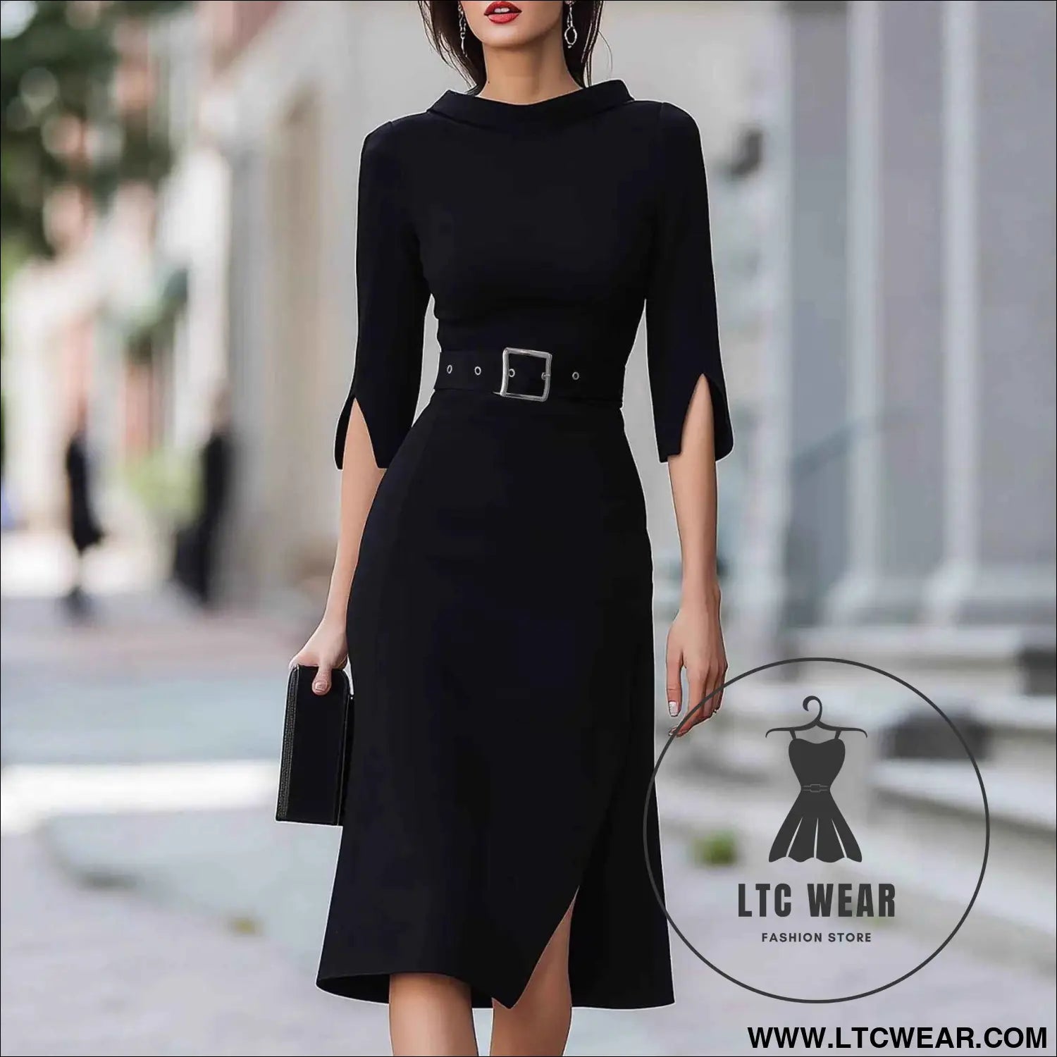 Elegant 3/4 Sleeve Split Midi Dress with Belt - Shein Style Fashion