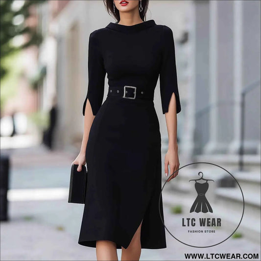 Elegant 3/4 Sleeve Split Midi Dress with Belt - Shein Style Fashion