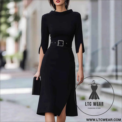 Elegant 3/4 Sleeve Split Midi Dress with Belt - Shein Style Fashion