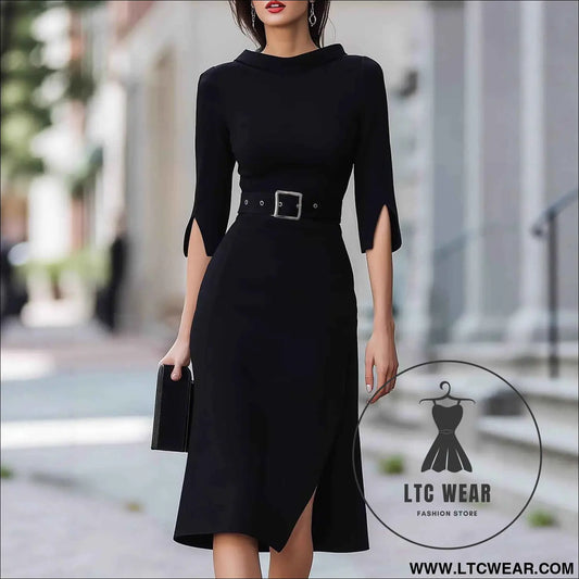 Elegant 3/4 Sleeve Split Midi Dress with Belt - Shein Style Fashion