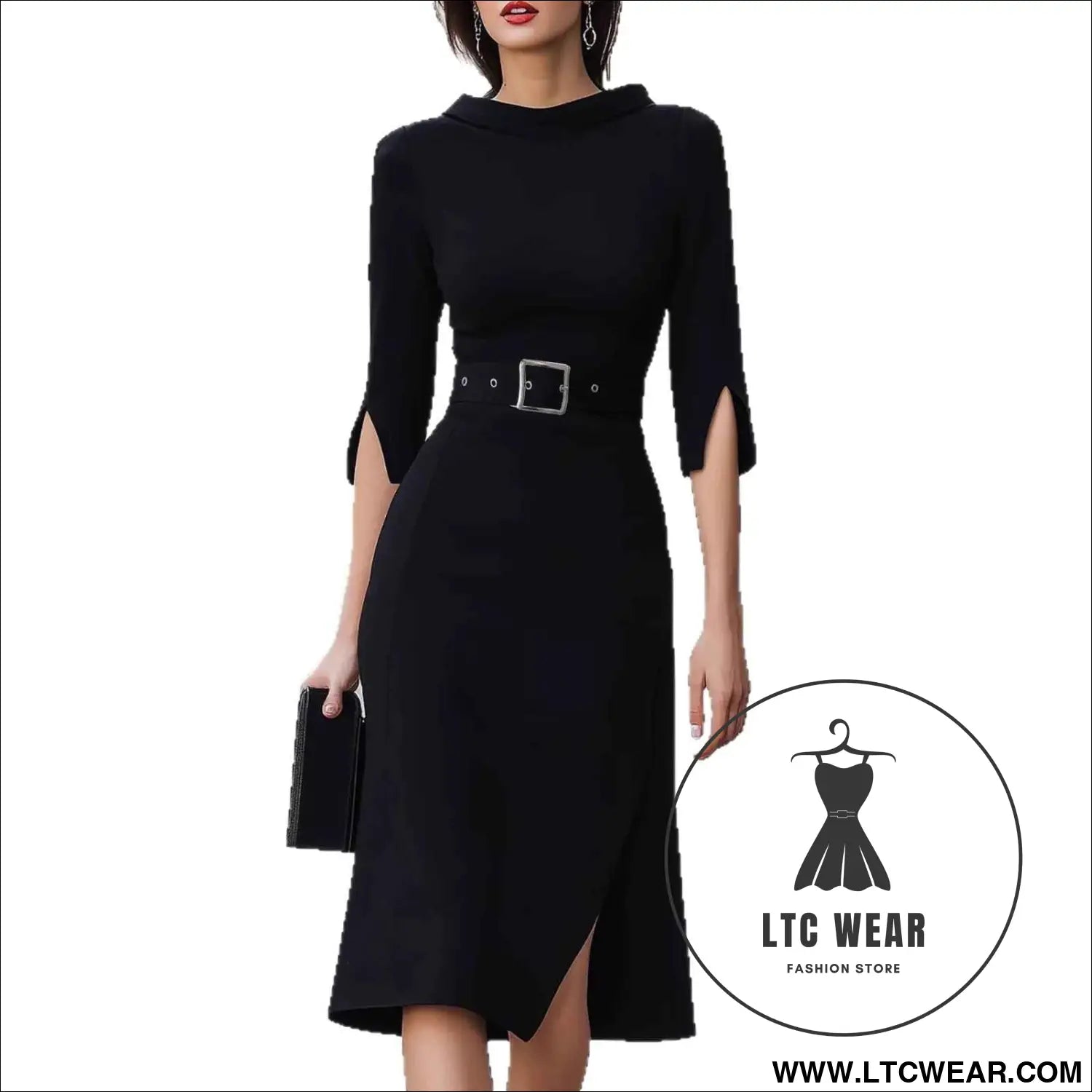 Elegant 3/4 Sleeve Split Midi Dress with Belt - Shein Style Fashion