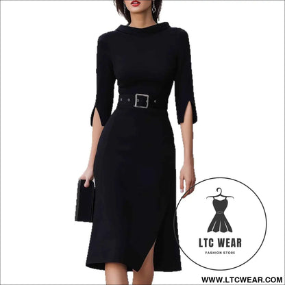 Elegant 3/4 Sleeve Split Midi Dress with Belt - Shein Style Fashion