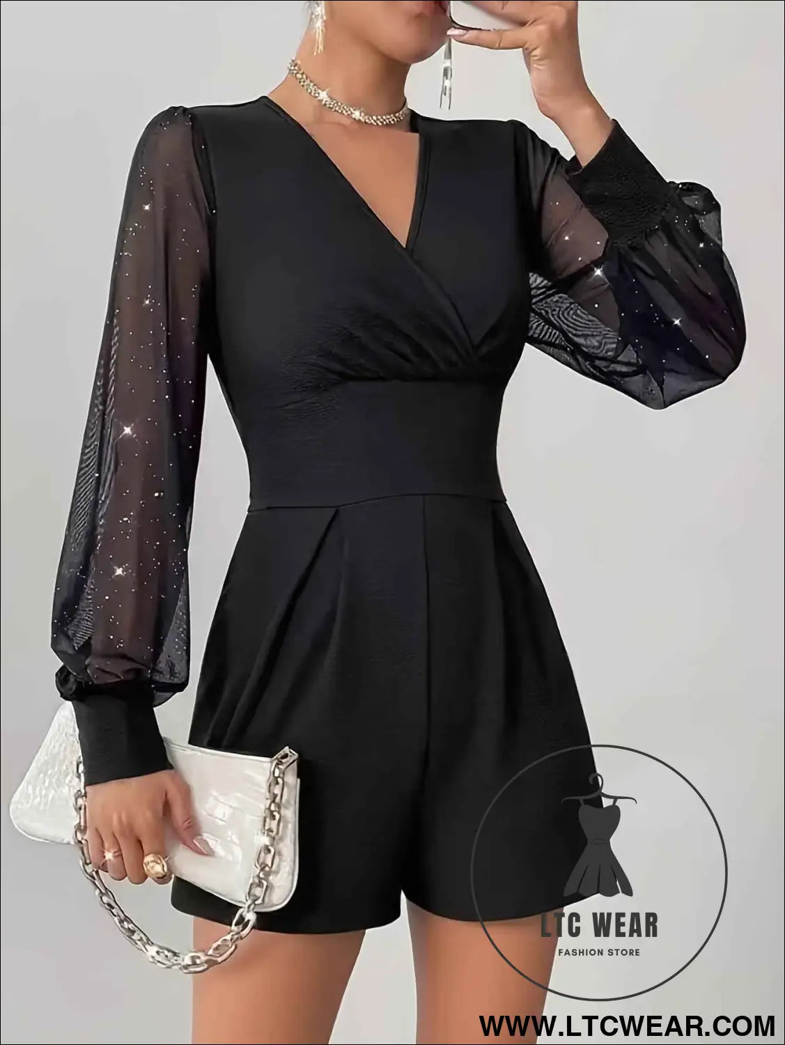Elegant Black Mesh VNeck Bishop Sleeve Jumpsuit for Women