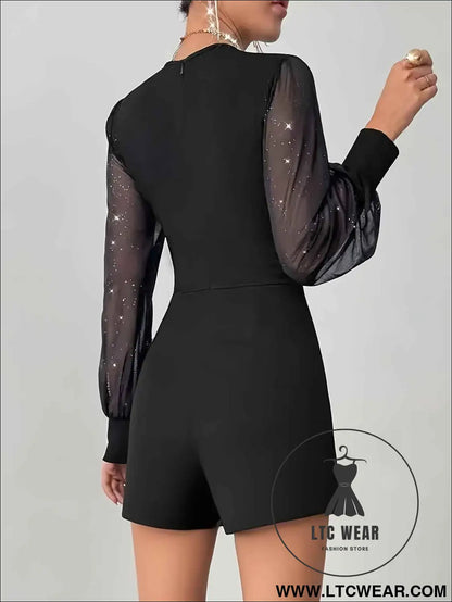 Elegant Black Mesh VNeck Bishop Sleeve Jumpsuit for Women