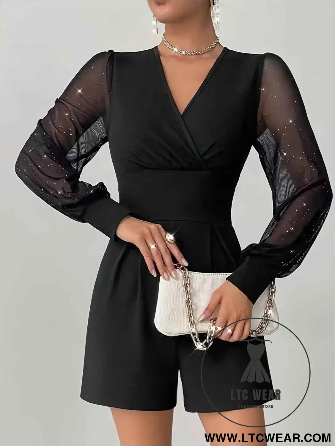 Elegant Black Mesh VNeck Bishop Sleeve Jumpsuit for Women