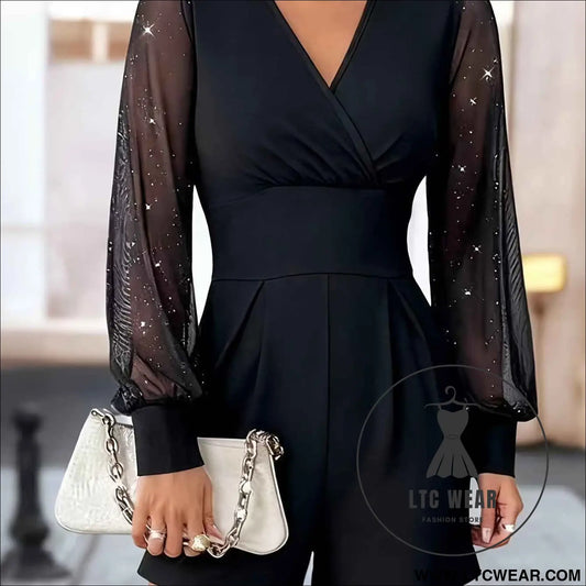 Elegant Black Mesh VNeck Bishop Sleeve Jumpsuit for Women