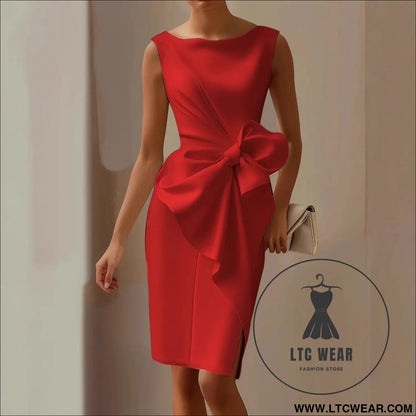 Elegant butterfly knot dressshort sleeveone shoulder design a-line silhouettewomen’s dress - red / s