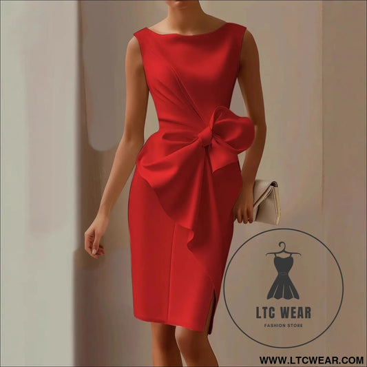 Elegant butterfly knot dressshort sleeveone shoulder design a-line silhouettewomen’s dress - red / s