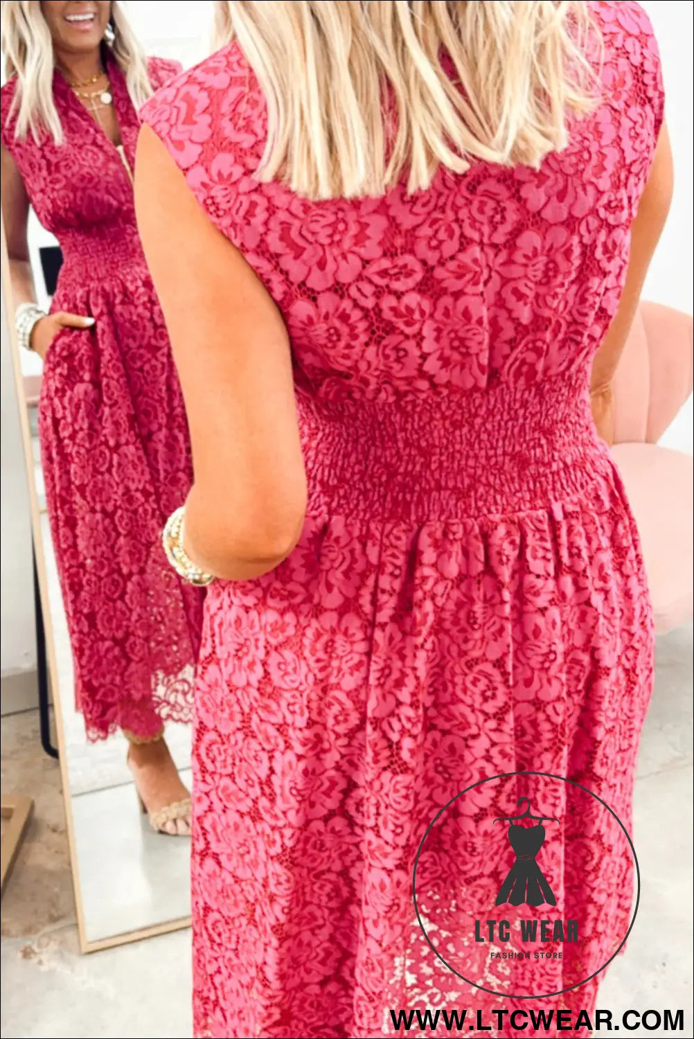Elegant coral floral lace overlay v-neck dress - maxi dresses