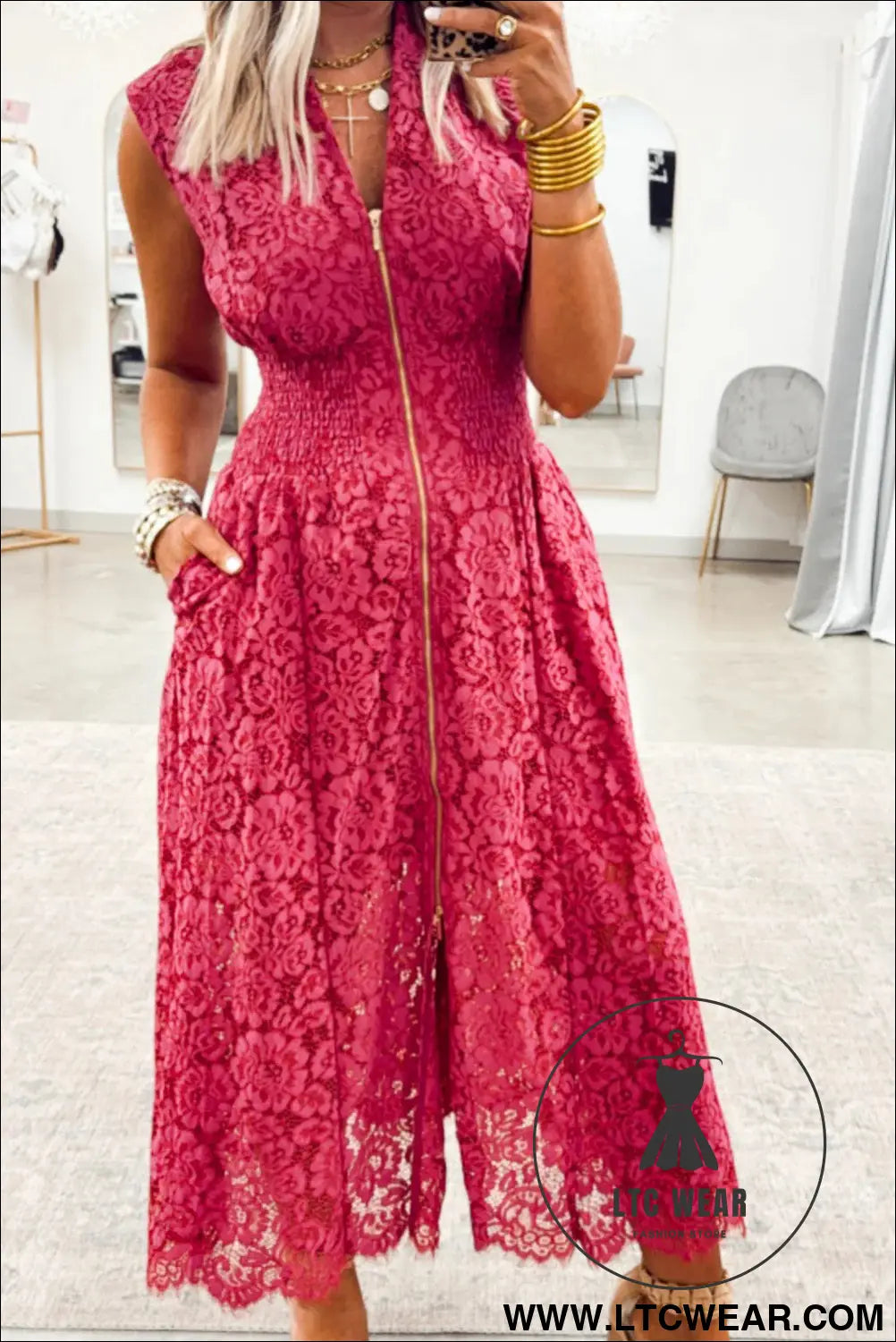Elegant coral floral lace overlay v-neck dress - maxi dresses