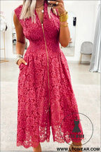Elegant coral floral lace overlay v-neck dress - maxi dresses