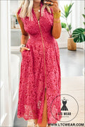 Elegant coral floral lace overlay v-neck dress - coral / s / 80% cotton + 20% polyamide - maxi dresses