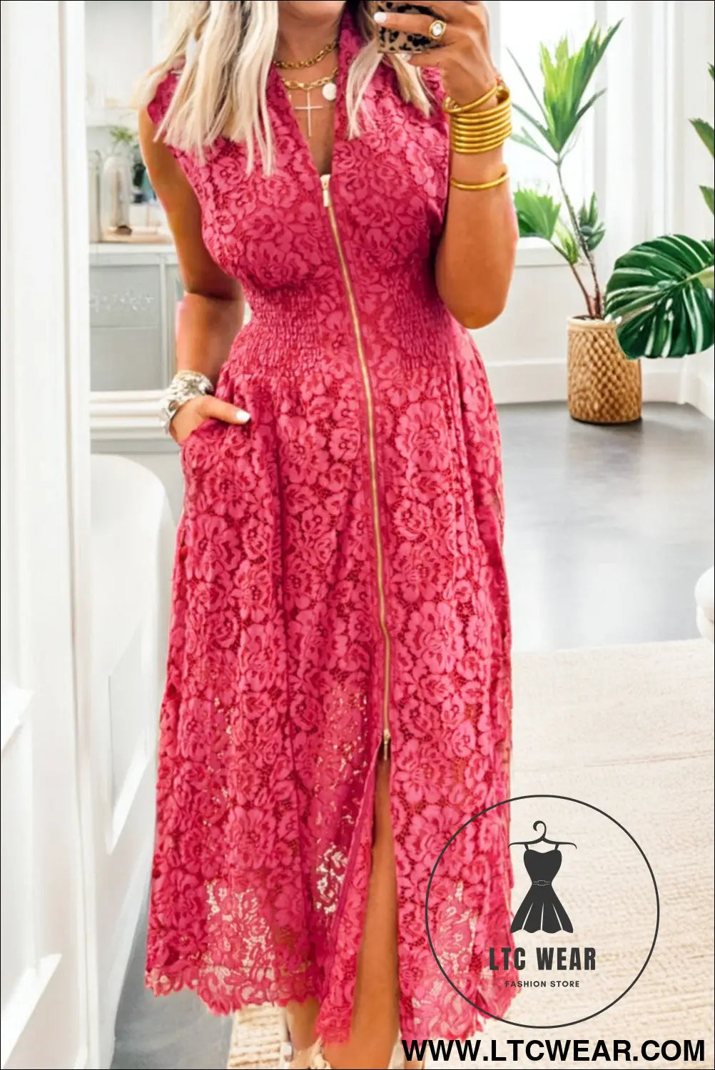 Elegant coral floral lace overlay v-neck dress - coral / s / 80% cotton + 20% polyamide - maxi dresses