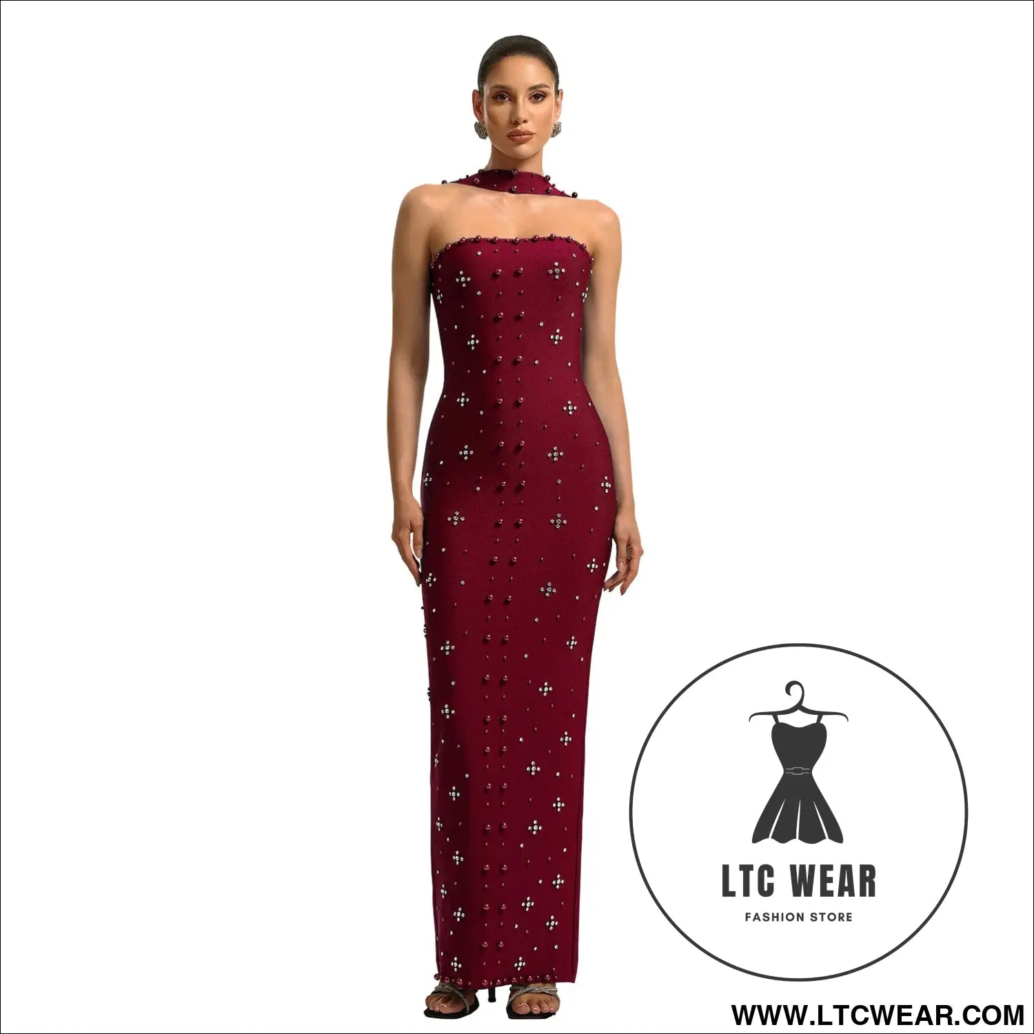 Elegant embellished bodycon strapless dress for women - red wine / s