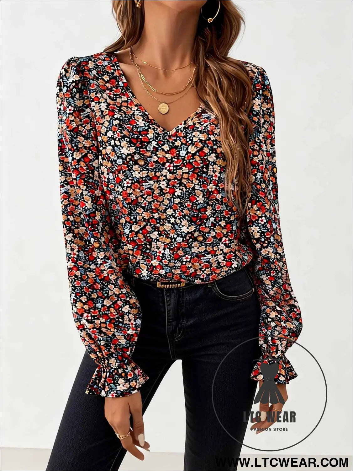 Elegant Floral Lace Ruffled Sleeve TieBack Blouse