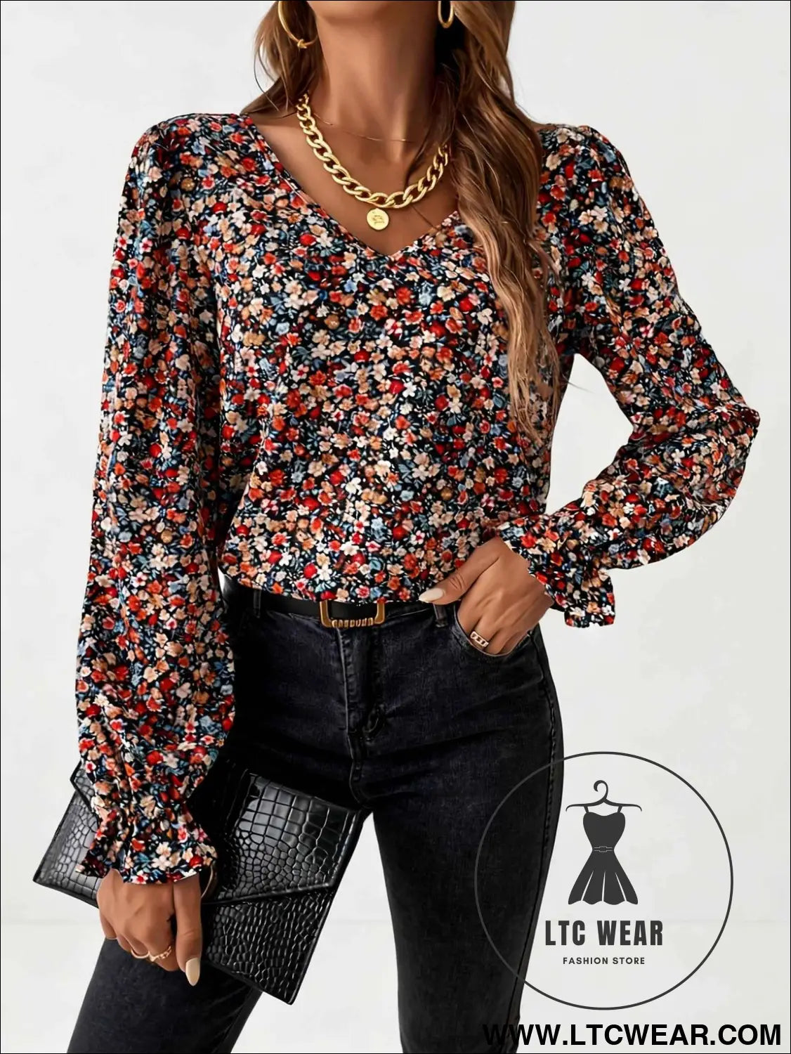 Elegant Floral Lace Ruffled Sleeve TieBack Blouse