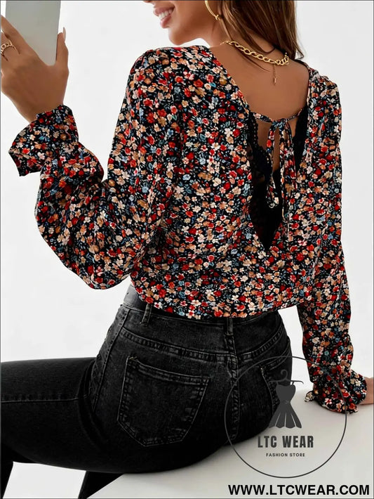 Elegant Floral Lace Ruffled Sleeve TieBack Blouse