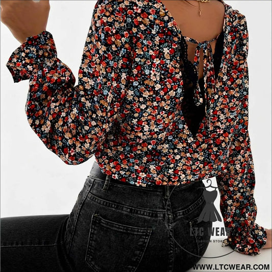 Elegant Floral Lace Ruffled Sleeve TieBack Blouse