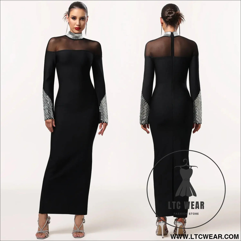 Elegant high neck long sleeve fitted sequined dress for women