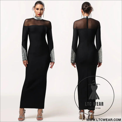 Elegant high neck long sleeve fitted sequined dress for women