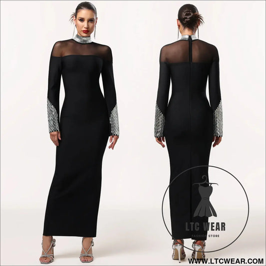Elegant high neck long sleeve fitted sequined dress for women