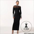 Elegant high neck long sleeve fitted sequined dress for women