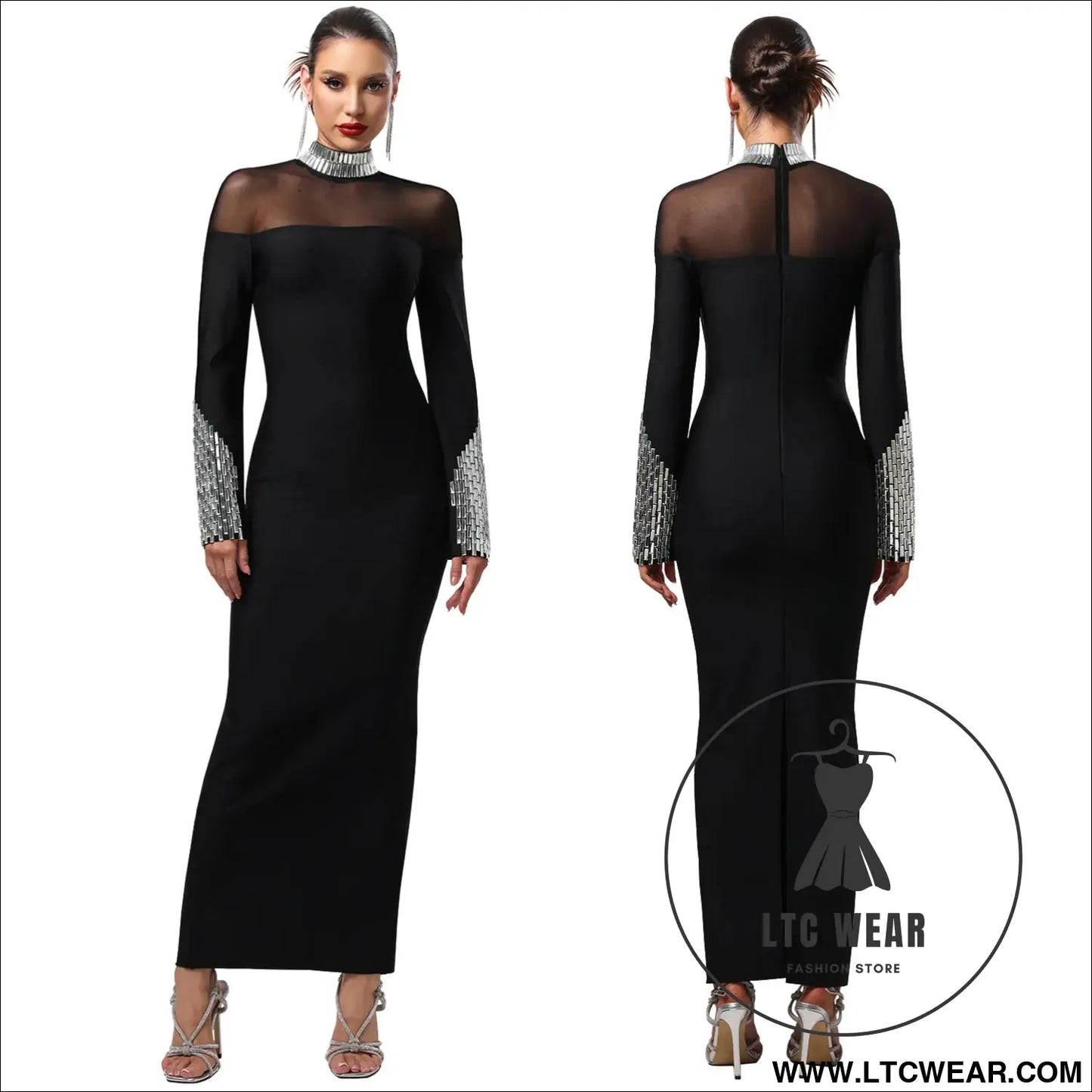 Elegant high neck long sleeve fitted sequined dress for women