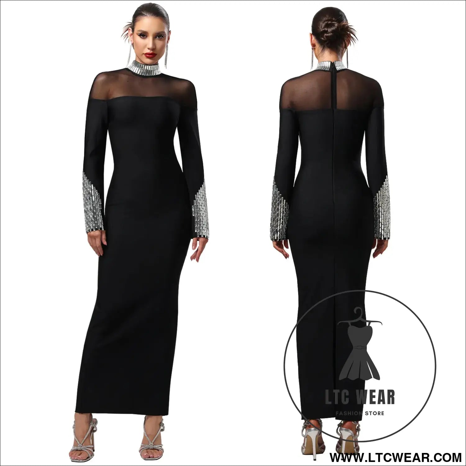 Elegant high neck long sleeve fitted sequined dress for women