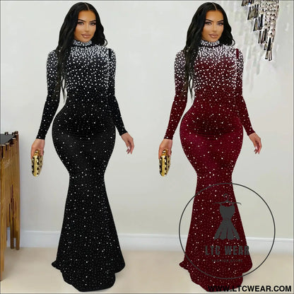 Elegant high neck rhinestone beaded bodycon dress for women fashion