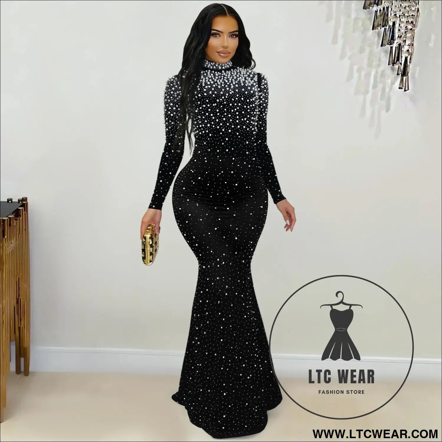 Elegant high neck rhinestone beaded bodycon dress for women fashion