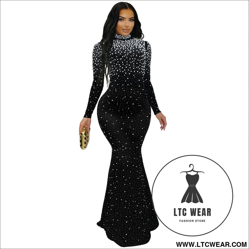 Elegant high neck rhinestone beaded bodycon dress for women fashion - black / s