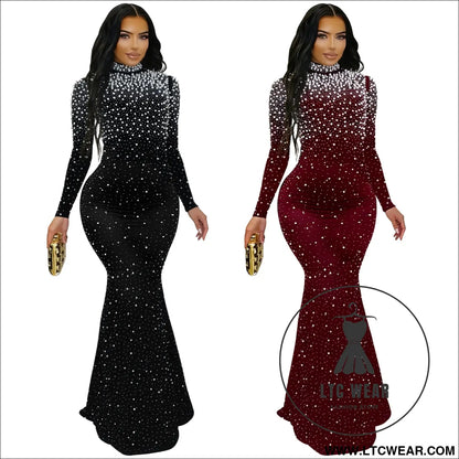 Elegant high neck rhinestone beaded bodycon dress for women fashion