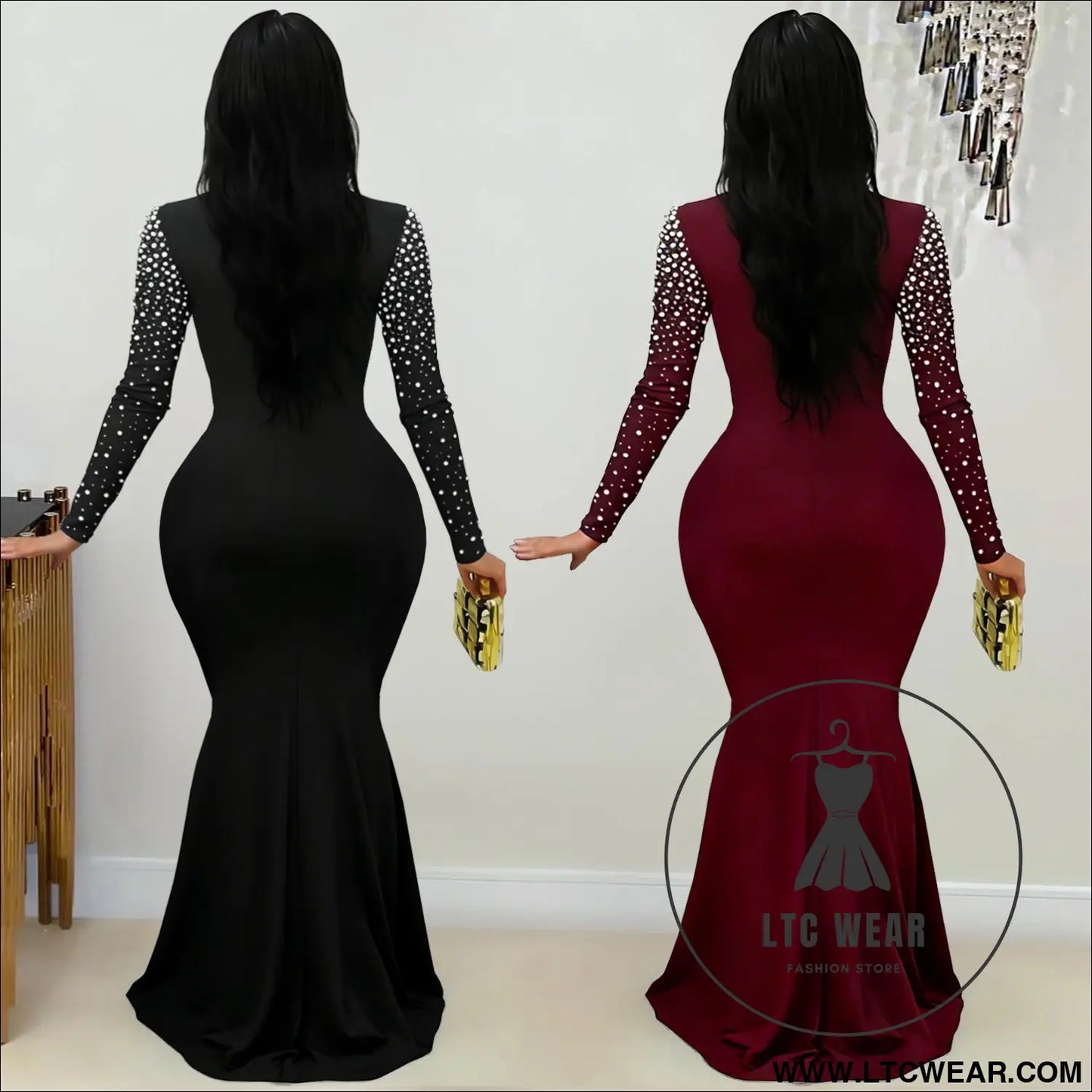 Elegant high neck rhinestone beaded bodycon dress for women fashion