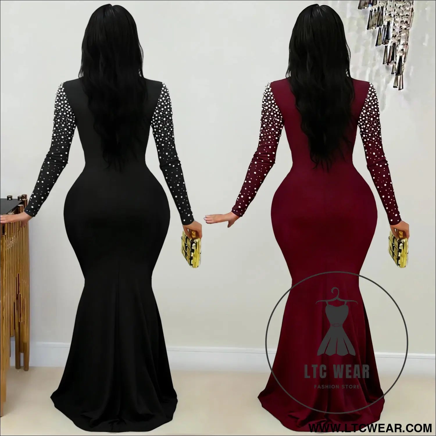 Elegant high neck rhinestone beaded bodycon dress for women fashion
