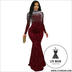 Elegant high neck rhinestone beaded bodycon dress for women fashion - red wine / s