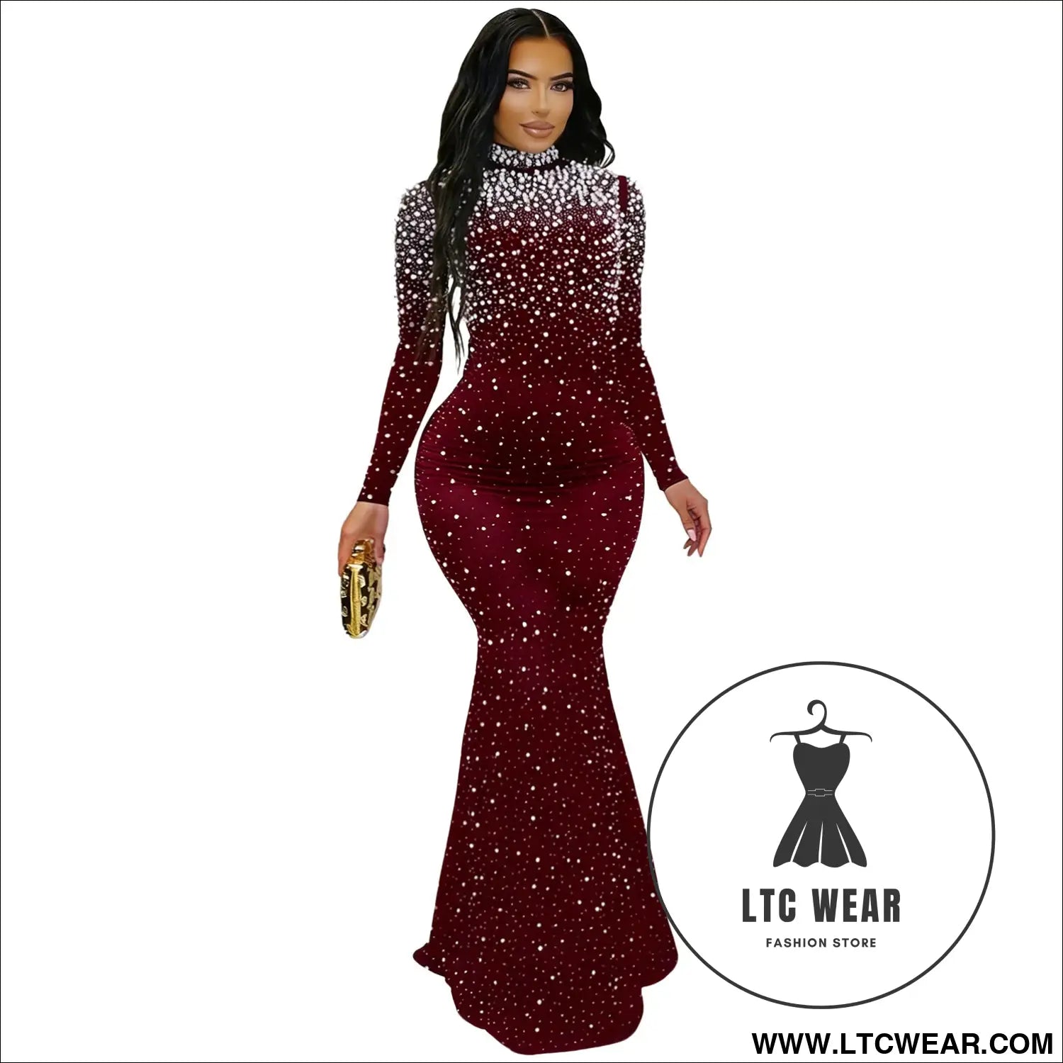 Elegant high neck rhinestone beaded bodycon dress for women fashion - red wine / s
